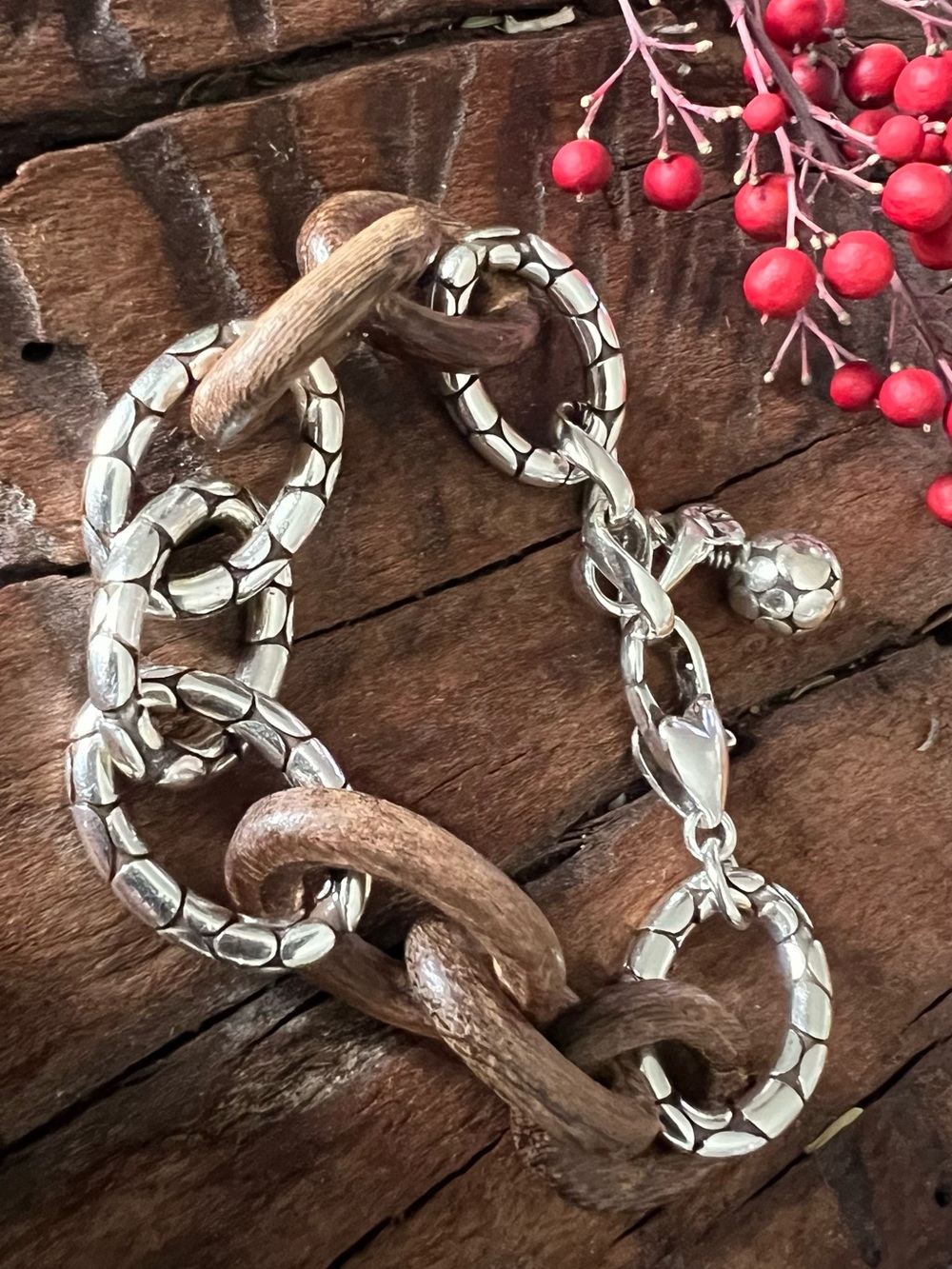 Brighton Chunky Link Bracelet Brown Wood Fine Silver Plated Pebble Links Heart